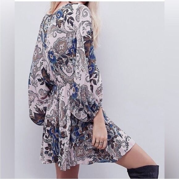 Free People High Plains Paisley Floral Balloon Sleeve V-Neck Mini Dress Small - Picture 3 of 14